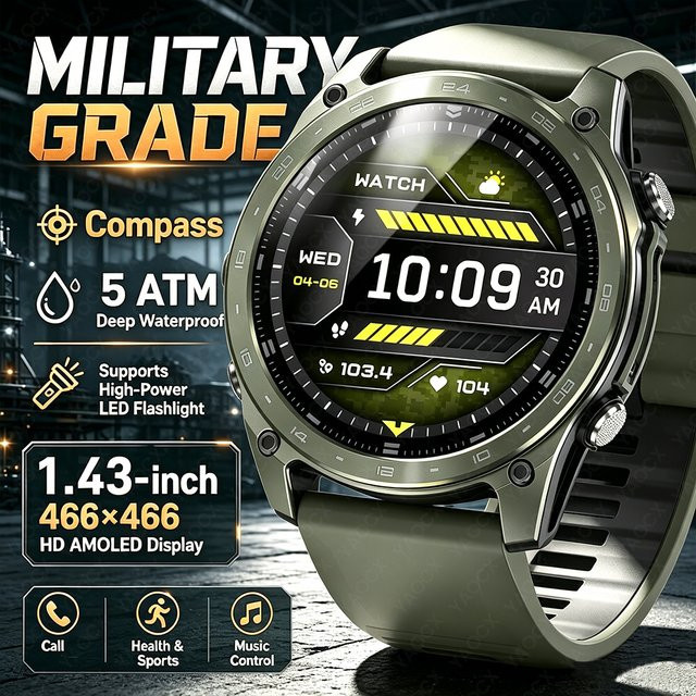 Yaocx Outdoor Smartwatch mit Bluetooth-Anruffunktion, LED-Taschenlampe, Kompass, Barometer, 530mAh Akku, Schlafüberwachung und 5ATM Wasserdichtigkeit in Schwarz oder Grün - Bild 1