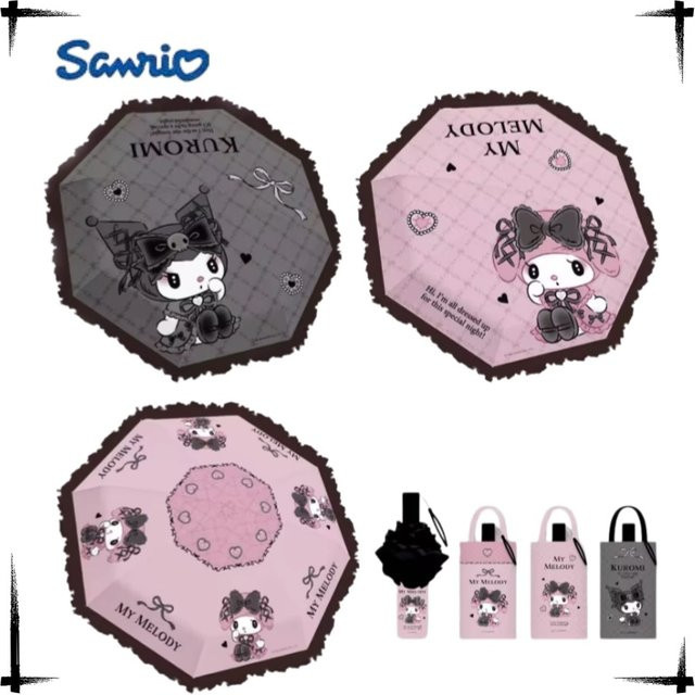 Sanrio Hello Kitty Melody Sonnenschirm mit Spitzenprint, dreifach faltbar und windresistent, Schwarz - Bild 1