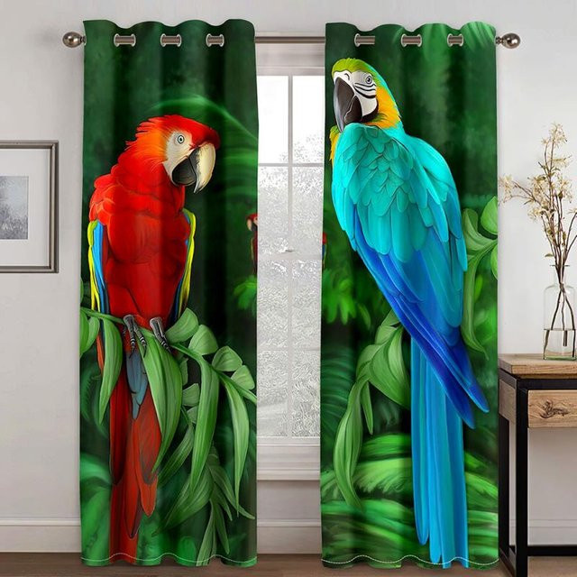 2er-Set Lichtfiltervorhang mit Papagei und Bananenblatt Motiv, halbtransparent, Mehrfarbig, Höhe: 130 cm - Bild 1