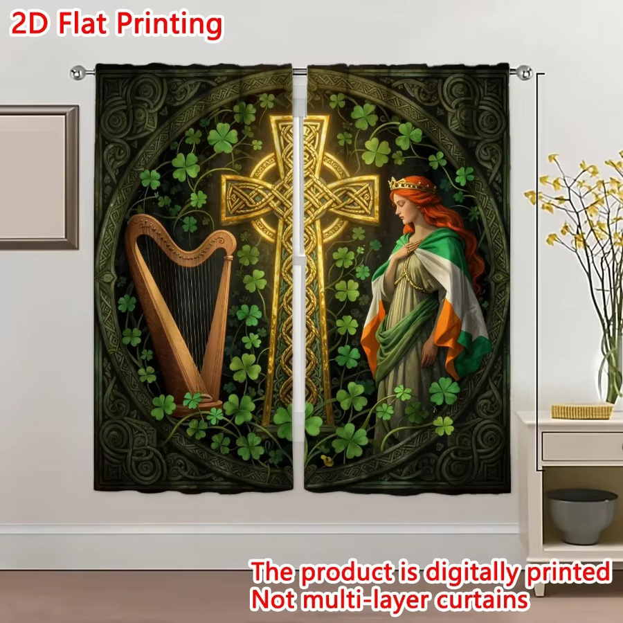 VOZMIO 2er Set St. Patrick's Day Vorhang mit keltischem Kreuz, Harfe und Mädchen in Multicolour - Bild 2
