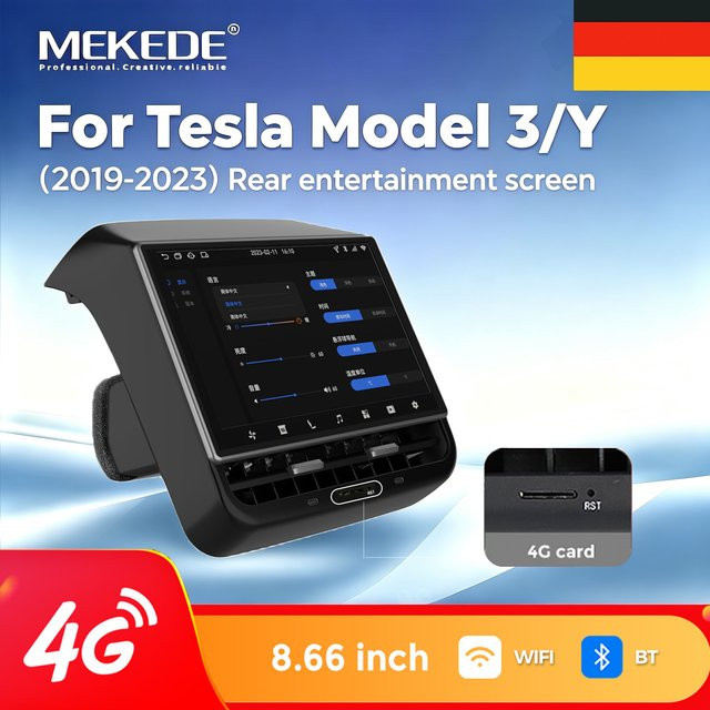 MEKEDE Android 13 Rückdisplay für Tesla Model 3/Y 2019 - 2023, 8,66 Zoll IPS Bildschirm mit 4G+64G, WLAN, Bluetooth und Klimaanlagensteuerung, Schwarz - Bild 1
