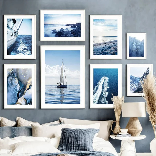 Potdemiel Wandkunst Leinwandgemälde mit Meeresmotiven und Wellen in Blau im abstrakten Nordischen Stil - Bild 1