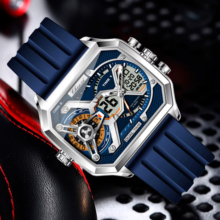 CHENXI Armbanduhr Herren, Quarz, Militärstil, Silber, Silikon, Eckig - Bild 2