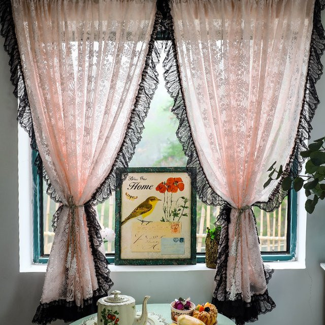 AiFish Jacquard-Vorhang mit floralem Spitzenmuster in Schwarz und Rosa, transparent, Shabby Chic Design - Bild 1