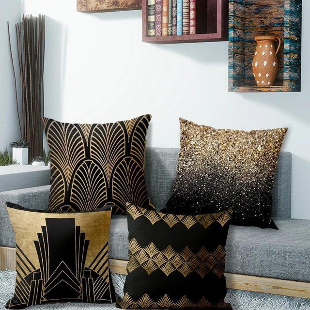 4er-Set JMG Clothing Dekorative Kissenbezüge im Art-Déco-Stil in Gold und Schwarz, B/H: 50 x 50 cm - Bild 1