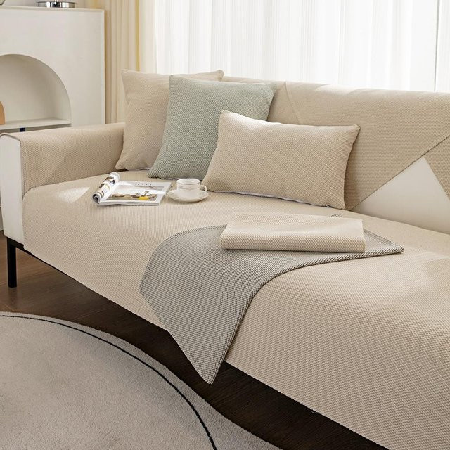 Rutschfester Sofabezug aus Baumwolle und Leinen in Beige, Universal Couchschutzhülle für dein Wohnzimmer, B/H: 90 x 90 cm - Bild 1
