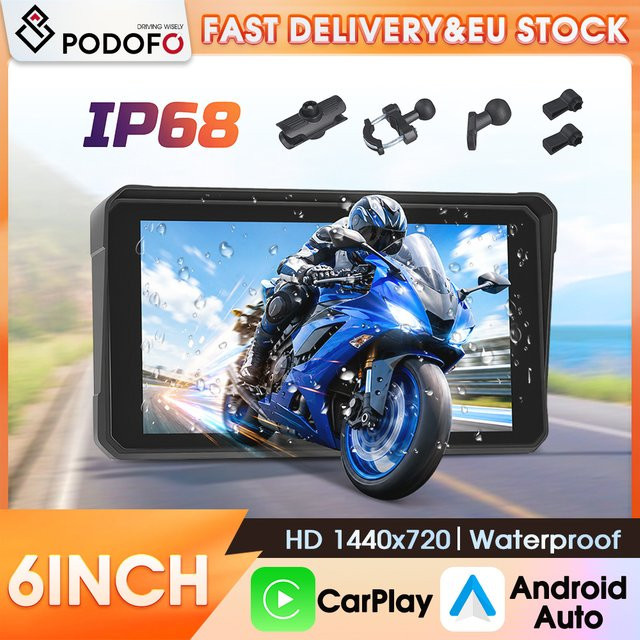 Podofo 6 Zoll IP68 Wasserdichter Tragbarer Auto-Multimedia-Player mit Touchscreen, Kabelloses CarPlay und Android Auto, Bluetooth und Freisprechfunktion, Schwarz - Bild 1