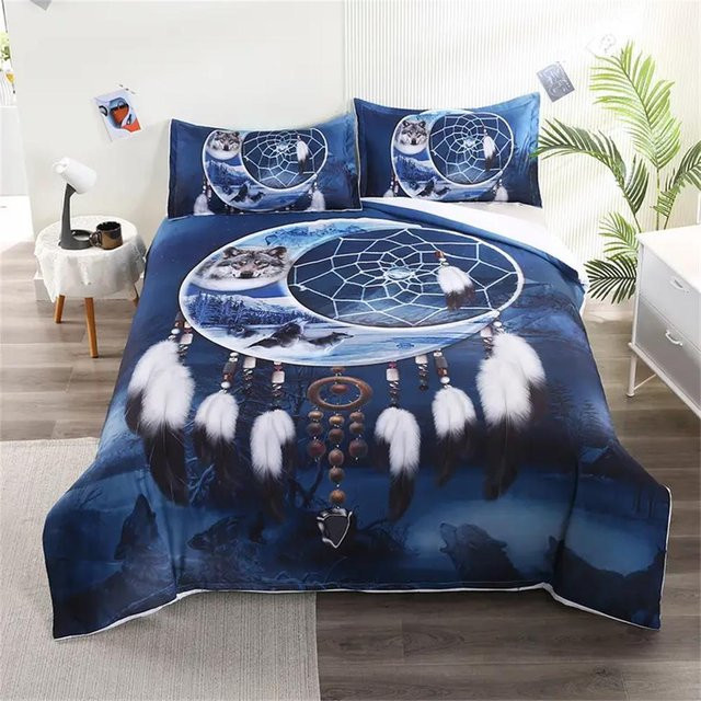 3-teiliges Bettwäscheset Lodestar mit Mondwolf- und Traumfänger-Print im Nationalstil, Bettbezug-Set mit Reißverschluss, B/H: 135 x 200 cm - Bild 1