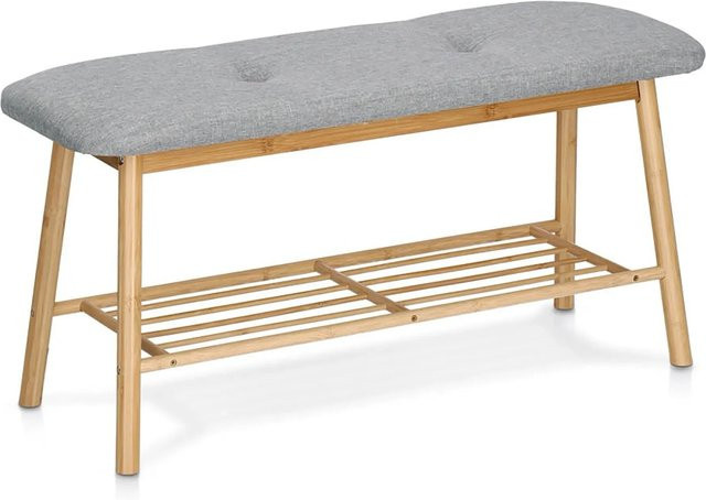 Zeller Schuhbank mit Ablage aus Bambus und Leinen in Grau, B/T/H: 44 x 30 x 89,5 cm - Bild 1