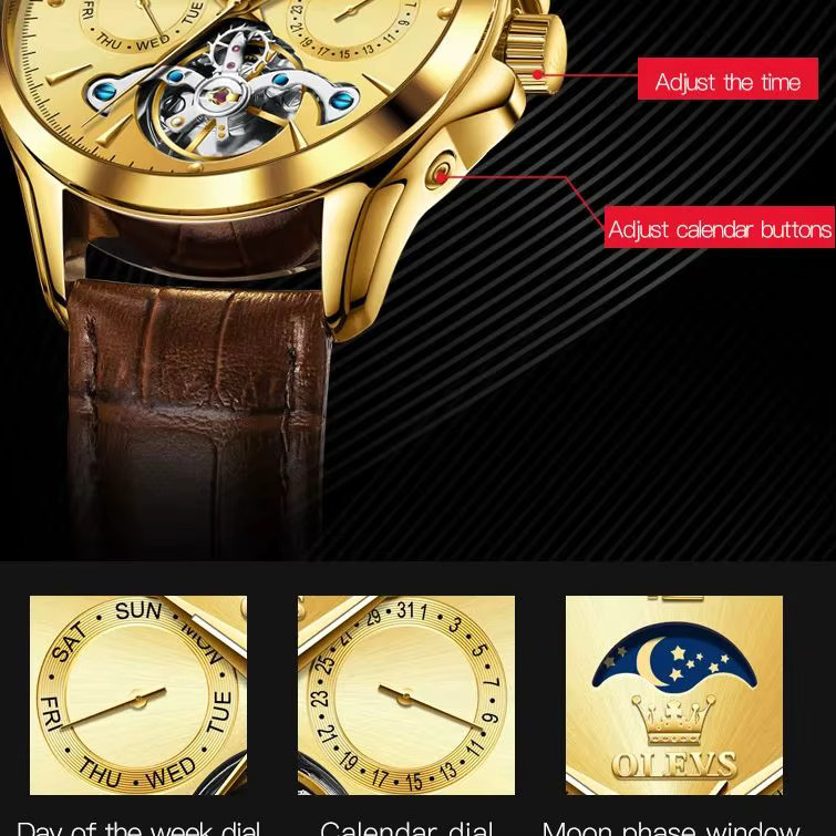 OLEVS Armbanduhr, Automatik, Edelstahl, Leder, Gold, Herren - Bild 6