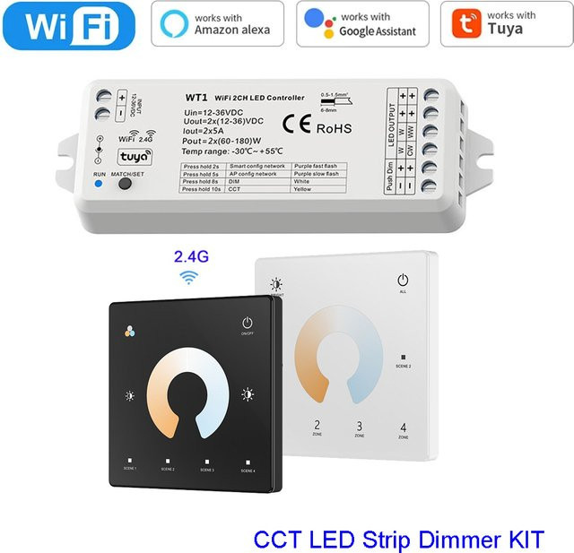 TUYA WiFi WT1 LED Smart Dimmer 2-Kanal CCT Dimmsteuerungskit mit 2.4G RF Fernbedienung und Touch-Schalter in Weiß - Bild 1