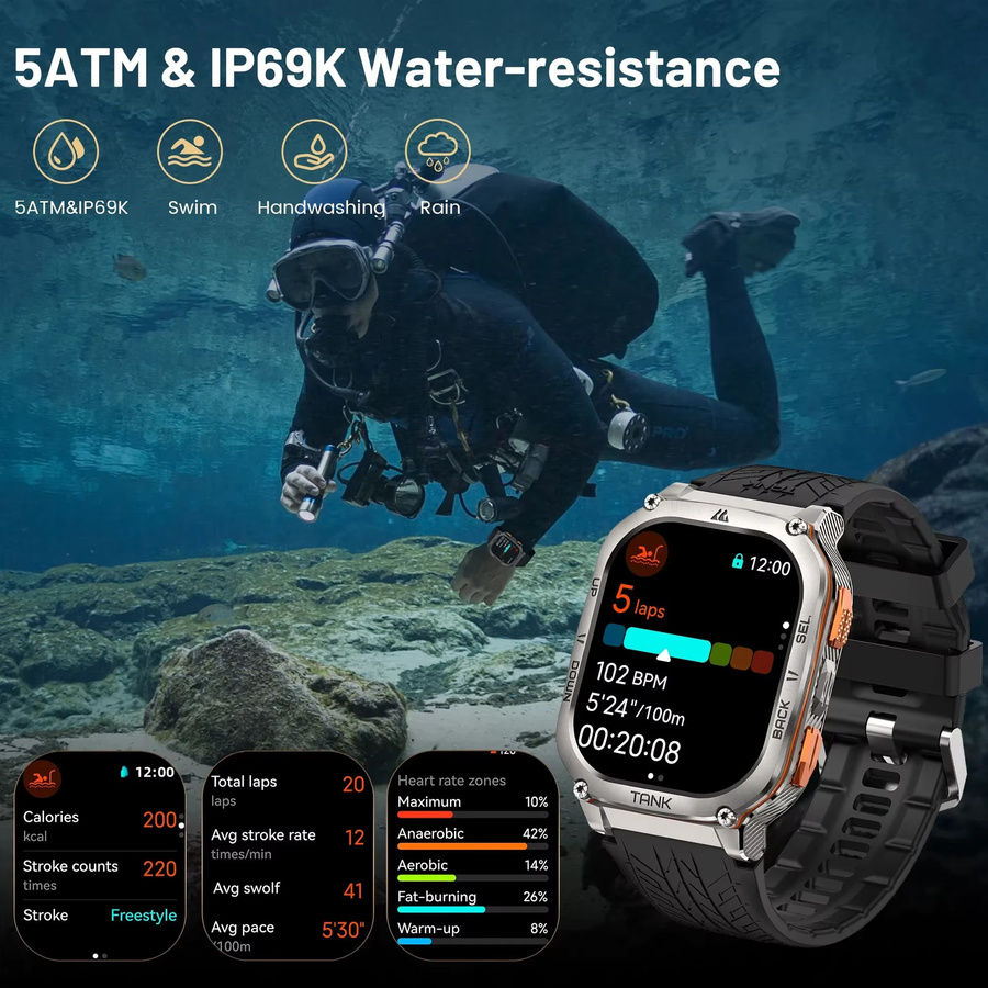 KOSPET TANK M3 Ultra GPS-Smartwatch für Herren mit Bluetooth-Anruf, Herzfrequenzmessung und 5 ATM Wasserdichtigkeit in Schwarz oder Silber für Android und iOS - Bild 4