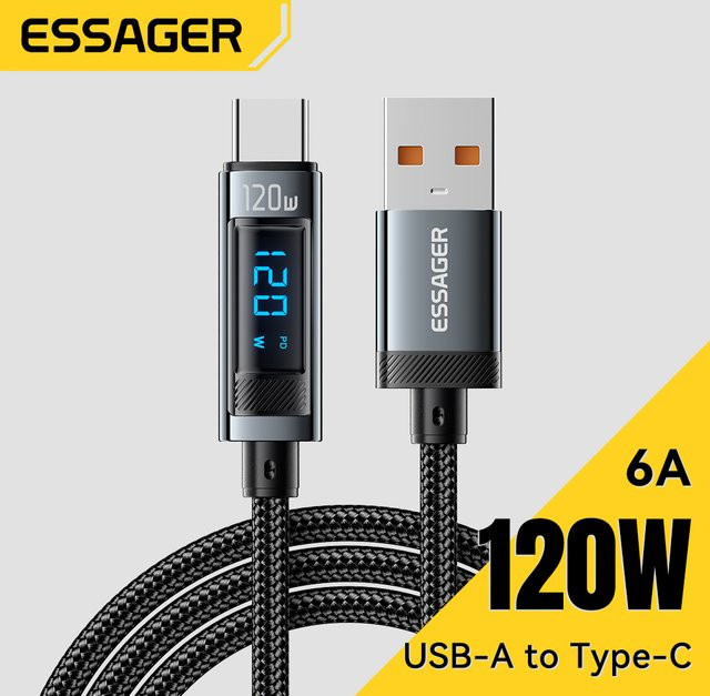 Essager USB Typ C Kabel 120W PD Super Flash Ladeleitung 6A mit LED Digital Display in Schwarz und Grau - Bild 1