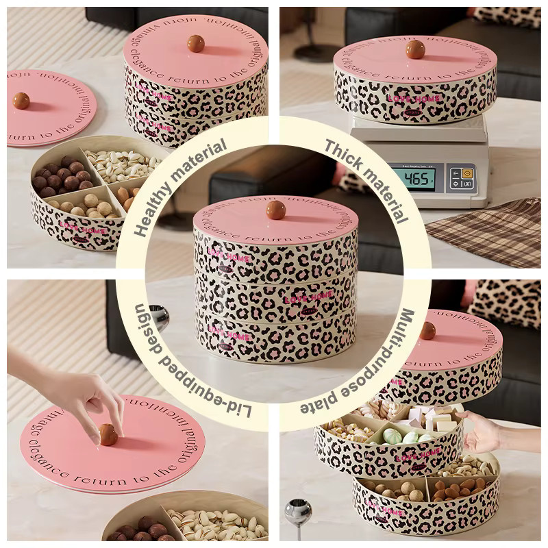 UFORU Obstteller mit Leopardenmuster in Pink und Multicolour, mehrstöckige runde Obstschale mit Abdeckung für das Wohnzimmer - Bild 3