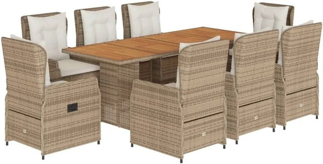 vidaXL 9-tlg Garten-Essgruppe Modell 45 aus Poly Rattan und Akazienholz in Beige und Cremeweiß mit Kissen - Bild 1