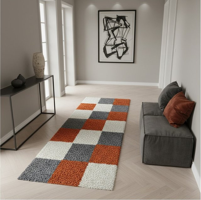 Hochflor Teppich RHEIN von Kadima Design in Terrakotta und Orange, kariert, Breite: 80 cm, Tiefe: 250 cm, Höhe: 3 cm - Bild 1