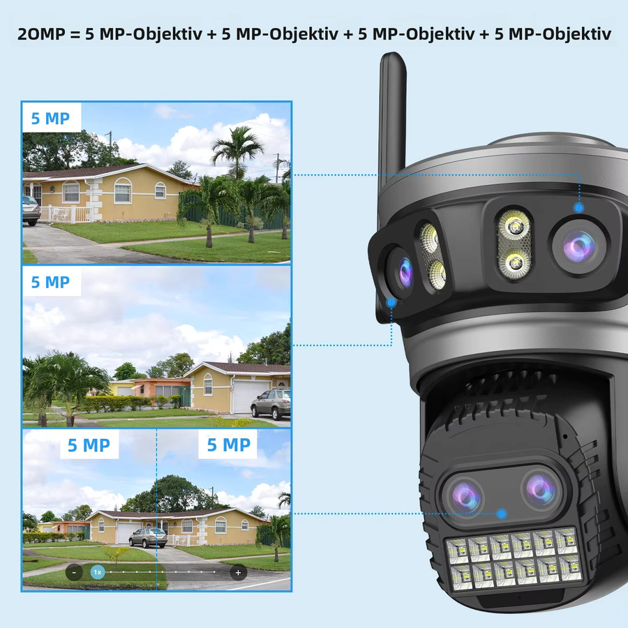 Abuntu WiFi Außenüberwachungskamera mit 20MP, 10K Auflösung, 10X Digitalzoom, Vierobjektiv-System und Menschenerkennung in Schwarz - Bild 2