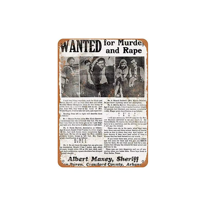 Fsdva Metallschild Bonnie und Clyde Wanted Poster Retro-Wanddekoration B: 20 cm, H: 20 cm, T: 1 cm - Bild 2