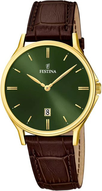 Festina Herrenuhr, Quarz, Edelstahl, Leder, Grün, 39 mm, 5 ATM - Bild 1