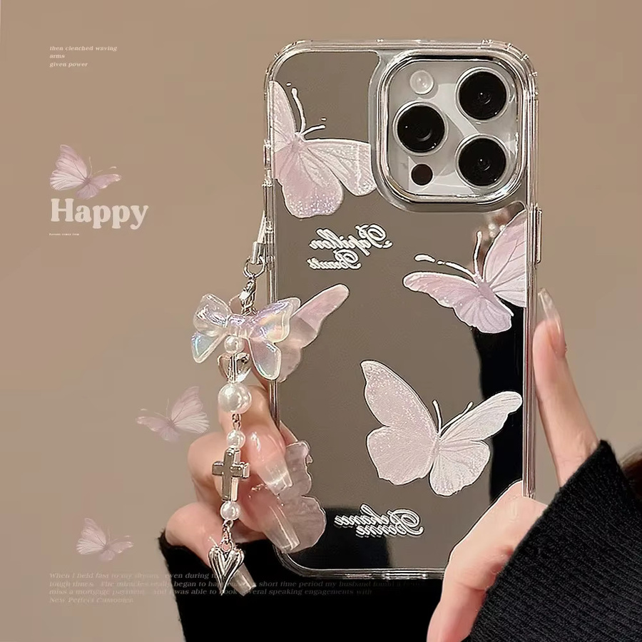 Potdemiel Handyhülle mit Schmetterlings-Design und Spiegel für iPhone 16 15 14 13 12 11 Pro Max, Rosa mit Armband und stoßfester Hartschale - Bild 2