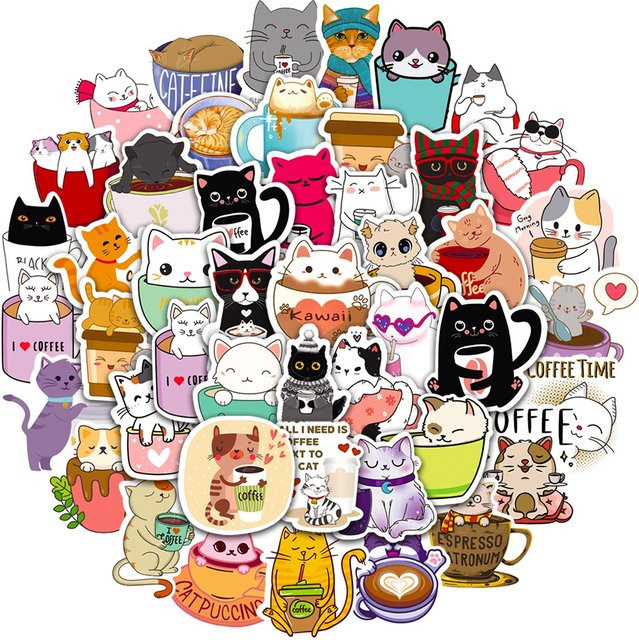 50 Stück wasserfeste Aufkleber Set mit Katzen und Kaffee Motiven von BulingBulingStickers Shop in Multicolor - Bild 1