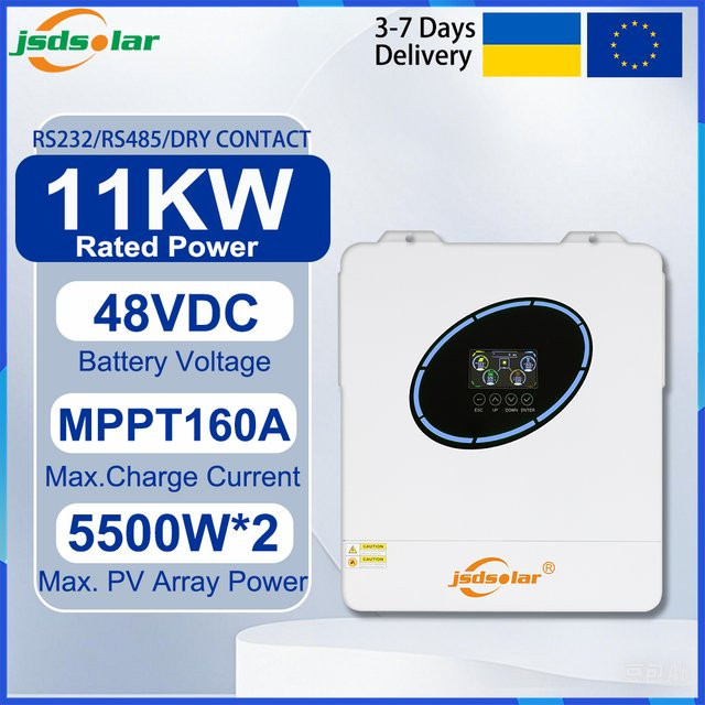 Jsdsolar Hybrid Solar-Wechselrichter 11kW 48V mit 160A MPPT, Dual-Eingang, Reine Sinuswelle, Farbe: Weiß - Bild 1