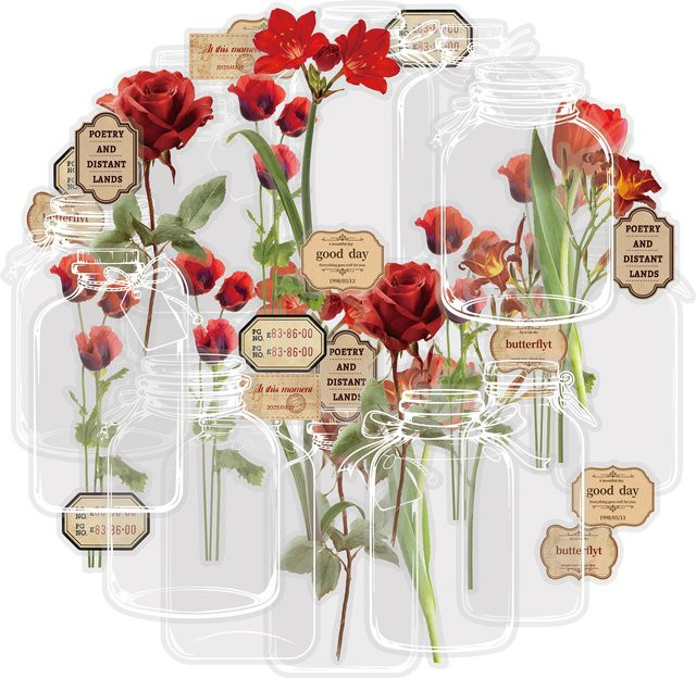 Etori Life Zhao Dianhong Dekorative Glasaufkleber mit roten Blumen, 15 Stück, transparent, Vintage-Design für Journaling und Scrapbooking - Bild 1