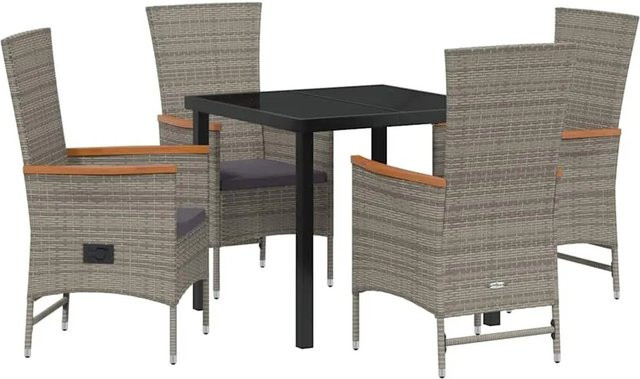 vidaXL Garten Essgruppe 5-teilig aus Poly-Rattan und Akazienholz in Grau mit Glasplatte und Kissen - Bild 1