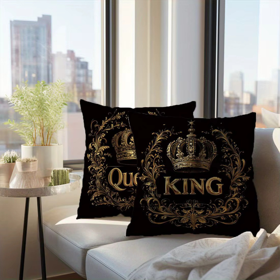 2er-Set Vintage-Kissenbezüge mit König- und Königin-Kronen in Schwarz, quadratische Kissenbezüge für dein Sofa oder Wohnzimmer - Bild 2