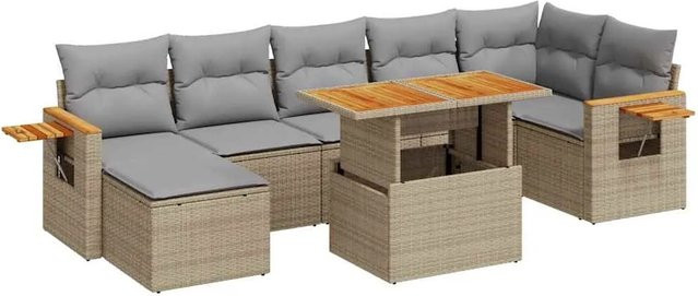 vidaXL 8-teilige Garten-Sofagarnitur aus Poly-Rattan und Akazienholz in Beige-grau mit Kissen - Bild 1