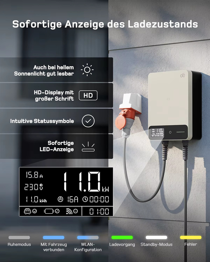 dé Wallbox 11kW Typ 2 Ladestation mit Tuya Smart App-Steuerung und Wi-Fi, Weiß - Bild 2