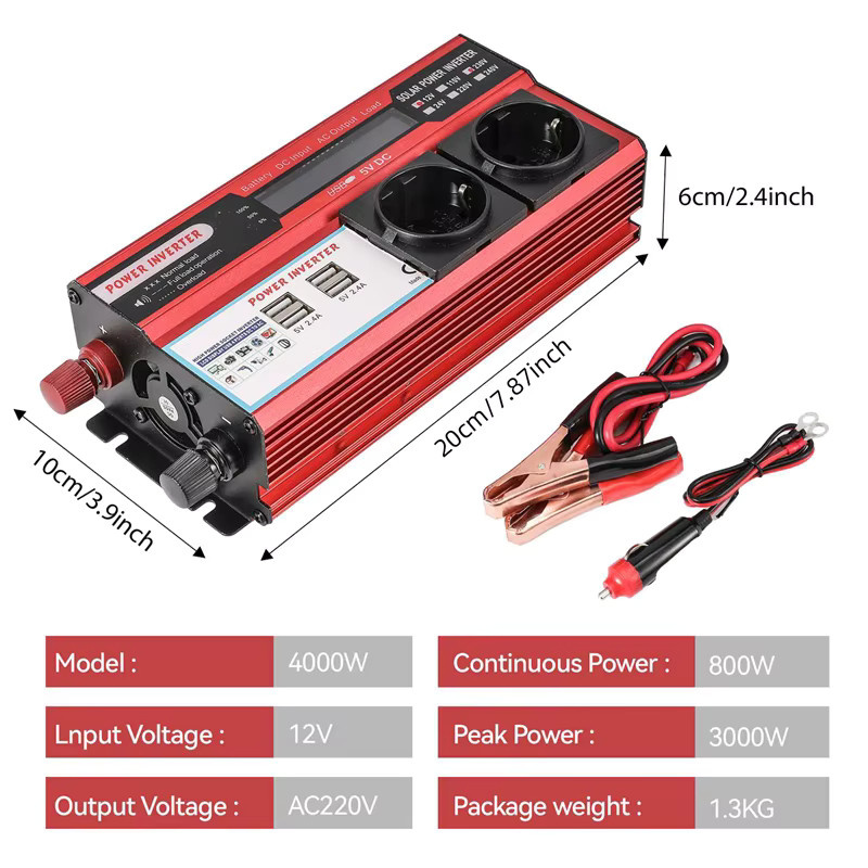 OWJHE Wechselrichter 4000W DC 12V zu AC 220V 230V Transformator mit 4 USB-EU-Steckdosen und LED-Anzeige - Bild 6