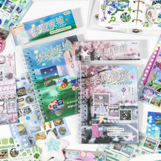 Gooka Dream Core Wind-Cut Film Aufkleber Set, 30 Stück, Multicolour, DIY Dekorationsmaterial für Scrapbooks, Tagebücher und Handyhüllen - Bild 1