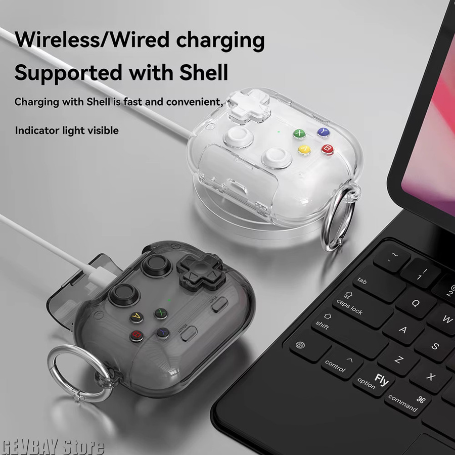 MeRealer Schutzhülle im 3D-Druckknopf-Spielcontroller-Design für Apple AirPods Pro, Pro 2, Pro 3 und Pro 4 mit Handyhalter-Funktion, transparent - Bild 3