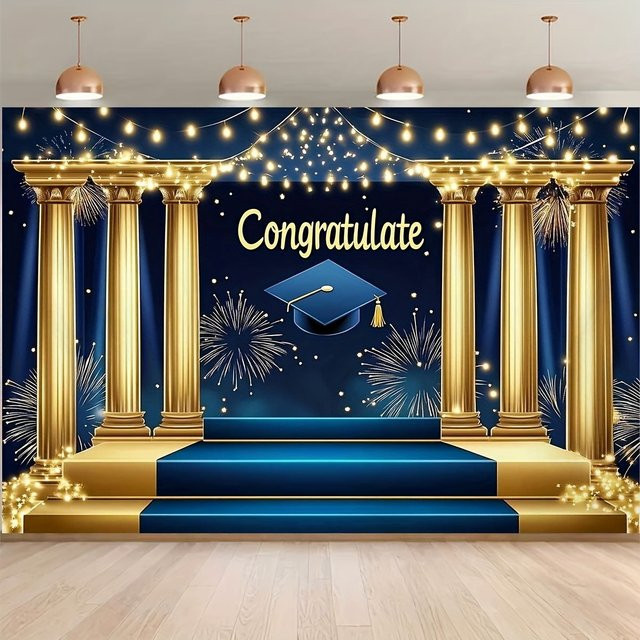 OURFETE Abschlussfeier-Hintergrund in Blau-Gold mit Congratulations-Aufdruck und Dekorationselementen für dein Fotoshooting - Bild 1