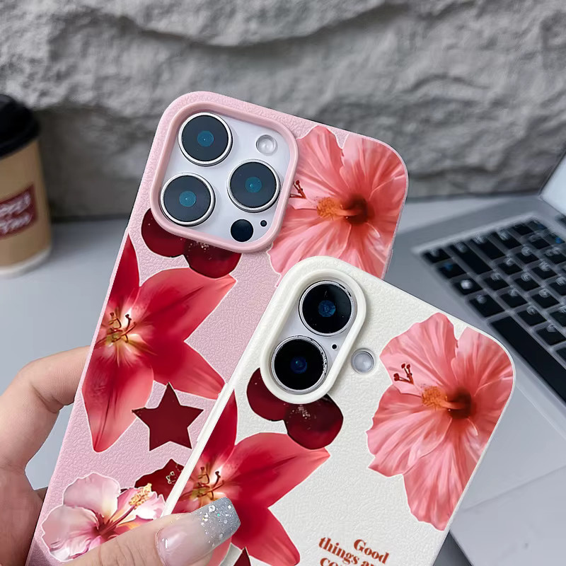 MOESOE Handyhülle mit realistischem Blumenmuster für iPhone 17 16 15 14 13 12 Pro Max und weitere Modelle, stoßfeste TPU Softcover mit Lederstruktur in Orange Multicolour - Bild 4