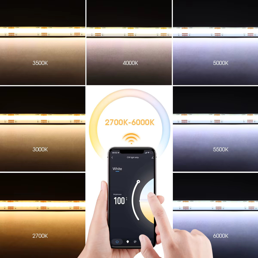 Lcamaw COB CCT LED-Streifen mit Tuya WLAN-Steuerung, dimmbar, 608 LEDs/m, Farbtemperatur 2700 K bis 6500 K, Weiß - Bild 2