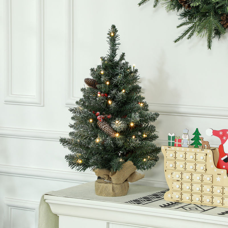 HOMCOM Künstlicher Weihnachtsbaum mit 50 warmweißen LEDs und Tannenzapfen, Grün-Weiß, Höhe: 0,6 m - Bild 2