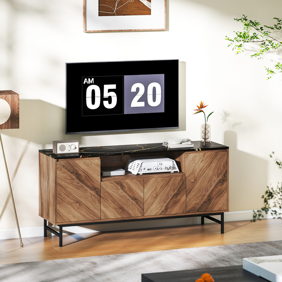 HOMCOM TV-Schrank aus Holz mit Marmoreffekt in Nussbaum, moderne TV-Bank für bis zu 65 Zoll mit offenen Fächern, Türen und verstellbaren Regalen, B/T/H: 140 x 39 x 66 cm - Bild 2