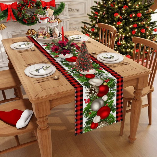 VIKAMA Tischläufer aus Leinen im Bauernhaus-Stil für Weihnachten und Winter - Bild 1
