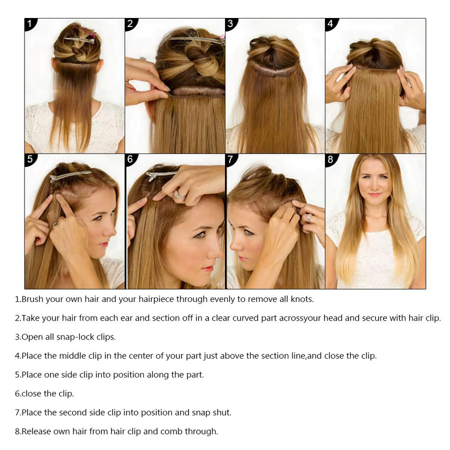 SHUOZI Clip-in-Haarverlängerung aus Echthaar, 7 Stück, Balayage, Schwarz-Goldblond - Bild 6