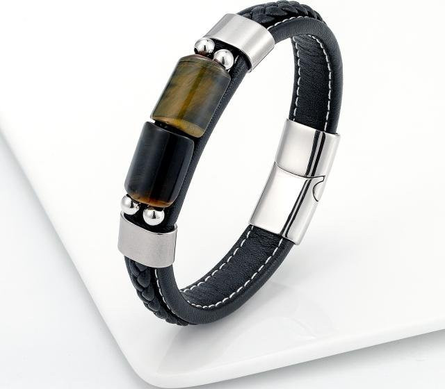 Armband New Lucky Board, Tigerauge-Stein, Edelstahl, Lederseil, 21 cm, Herren - Bild 1