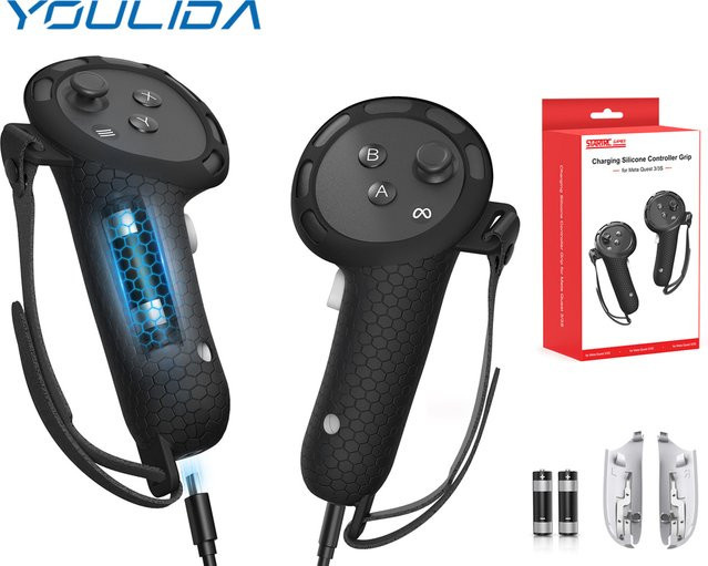 YOULIDA Silikon-Controller-Griffabdeckung für Meta Quest 3S in Schwarz mit wiederaufladbarem Akku und Handschlaufe, rutschfeste Schutzhülle - Bild 1
