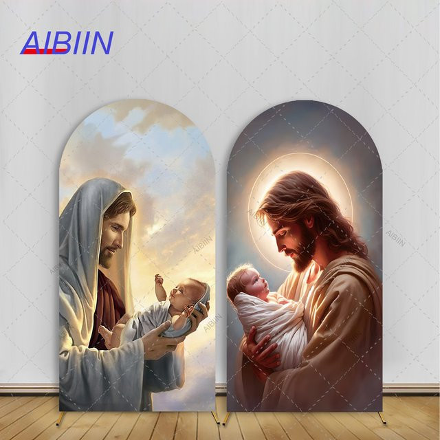 AIBIIN Bogen Hintergrund Abdeckung mit Jesus und Engel für Taufe, Erstkommunion oder Baby Shower als Photozone Dekor - Bild 1