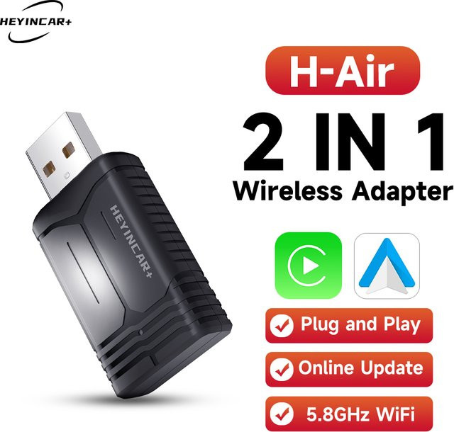 HEYINCAR Kabelloser CarPlay und Android Auto Adapter 2-in-1 Mini 5G Dual-Band WLAN-Dongle in Schwarz mit USB-C und USB-A Anschluss - Bild 1