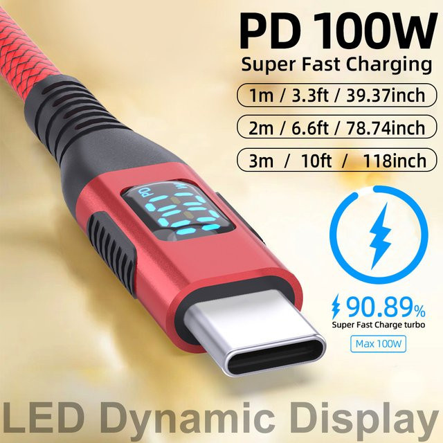 LAIHONEN USB-C auf USB-C Ladekabel mit LED-Digitalanzeige, 100W Schnellladekabel aus Nylon-Geflecht in Rot für iPhone 15 und 16 - Bild 1
