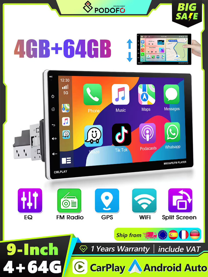 Podofo 9 Zoll Autoradio mit kabellosem Carplay, Android Auto, GPS-Navigation und Bluetooth in Schwarz - Bild 4