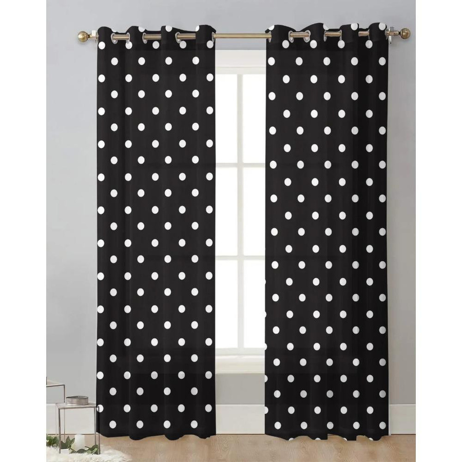 Yiran Furniture Chiffon Vorhang mit Polka Dot Muster in Schwarz und Weiß, transparentes Voile mit Ösen, Breite: 135 cm, Höhe: 115 cm - Bild 2