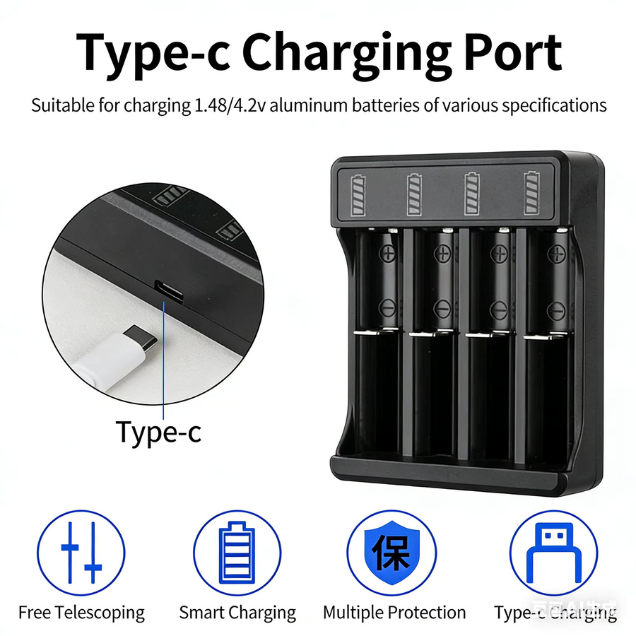 Kebidumei Universelles Lithium-Batterieladegerät mit LED-Anzeige und Kabel, 3,7 V, Schwarz, Schnellladegerät für 18650, 16650 und 14500 Akkus - Bild 2