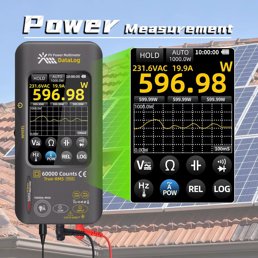 BSIDE PV Digital-Multimeter mit 60.000 Messwerten, Multitester zur Leistungsmessung mit 10.000A flexiblem AC-Klemmdraht, Datenaufzeichnungsgerät mit 3,98 Zoll Touch-LCD, 1500VDC/1000VAC, Farbe: Schwarz - Bild 4